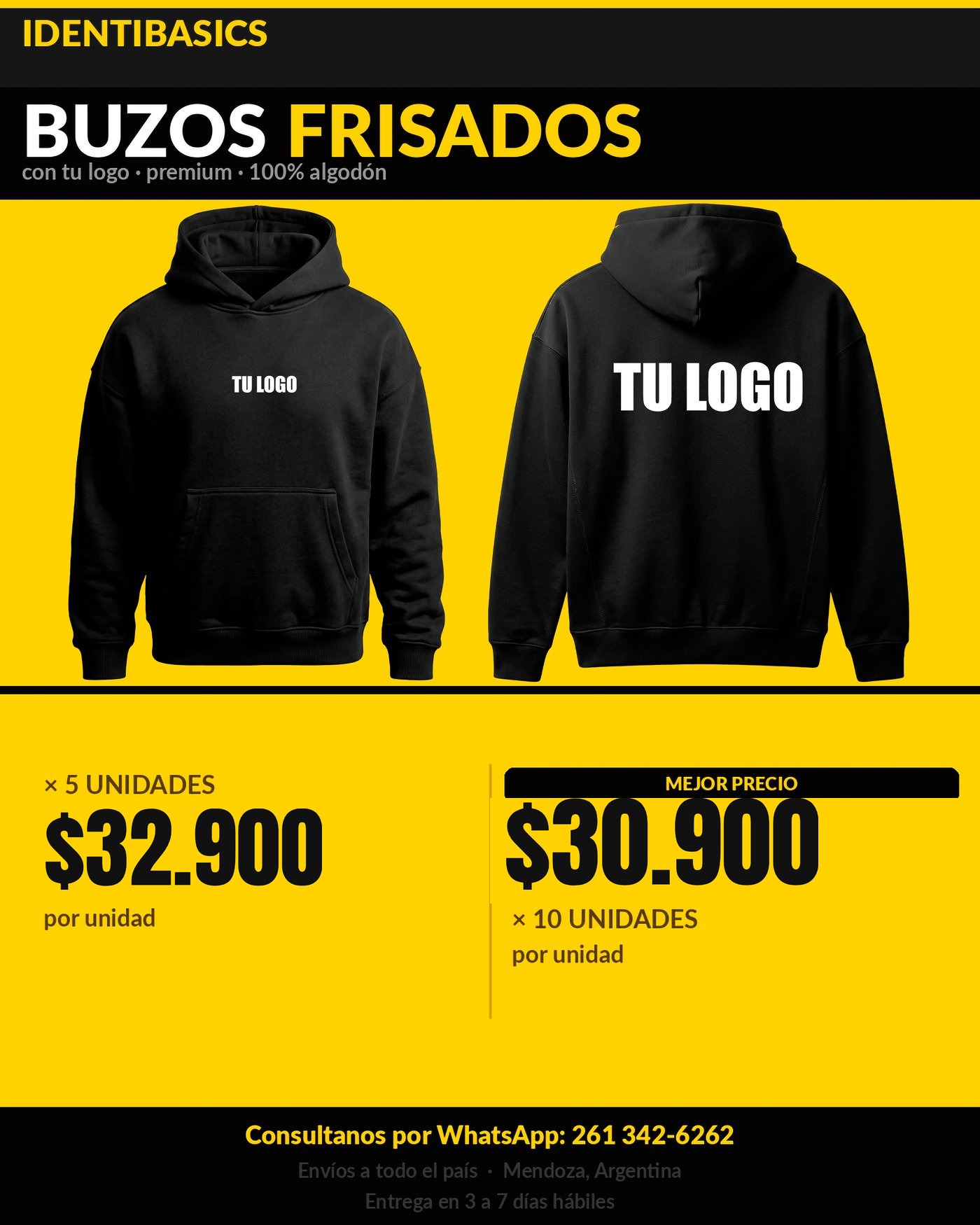 Buzo frisado negro IdentiBasics personalizado con logo, frente y espalda