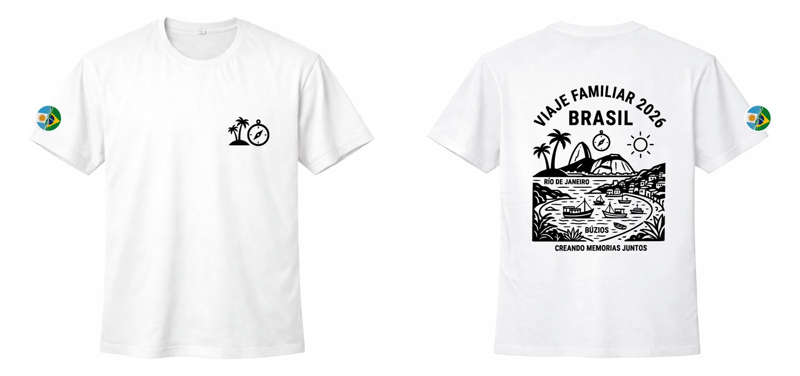 Remera blanca personalizada para viaje familiar a Brasil, con ilustración de Río de Janeiro